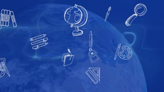 学校图标的动画漂浮在蓝色地球和蓝色背景上
