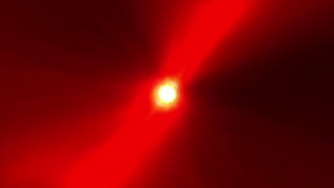 抽象Vj环路中心耀斑光与红色黄色魔法能量光效应隧道在黑暗中。4K 3D无缝循环飞入神奇之光隧道动画运