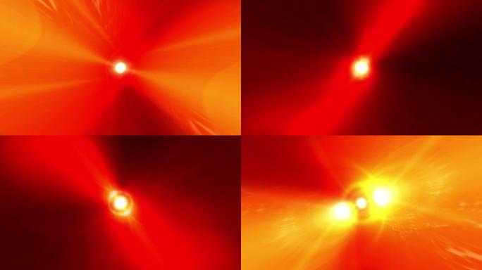 抽象Vj环路中心耀斑光与红色黄色魔法能量光效应隧道在黑暗中。4K 3D无缝循环飞入神奇之光隧道动画运