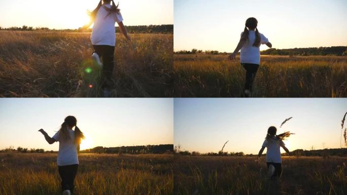 跟随快乐的小女孩在草地上奔跑，背景是日落。可爱的小孩在草地上慢跑，享受大自然的自由。无忧无虑的孩子在