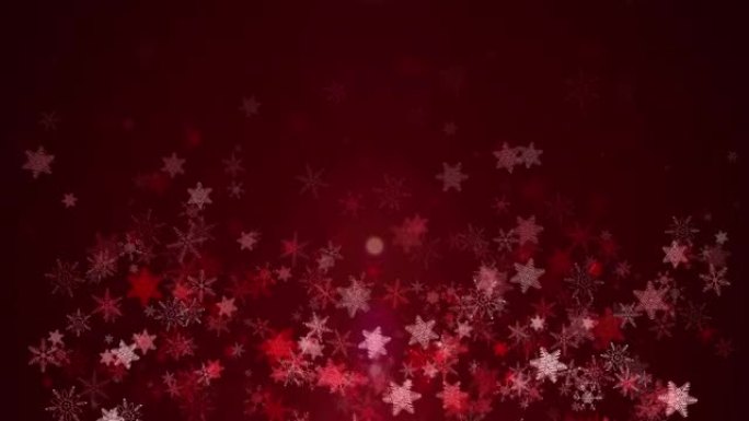 红色圣诞雪花飘落闪亮背景，圣诞庆典问候背景。