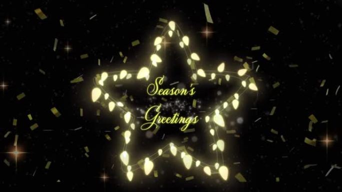 季节问候文本的动画在童话般的灯光和金色五彩纸屑上，黑色