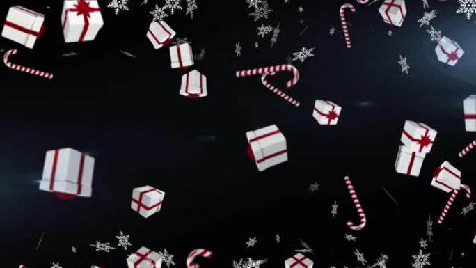 多个圣诞礼物和糖果手杖图标落在蓝色背景上漂浮的雪花上