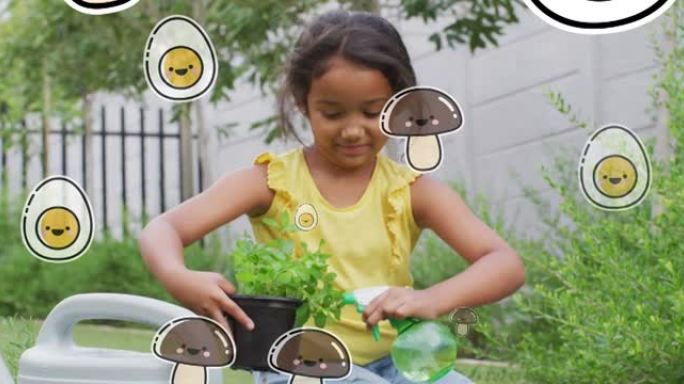 在花园中浇灌植物的混血儿女孩上的鸡蛋和蘑菇动画