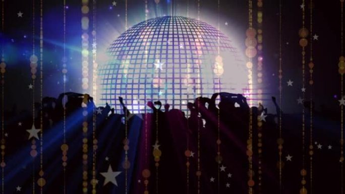 在音乐场所跳舞的人群动画，带有镜球旋转和五颜六色的灯光