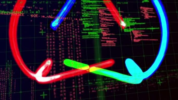 蓝色和红色灯光在黑色背景下的绿色和红色数据处理上的动画