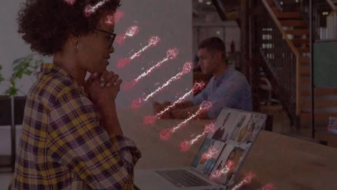 非裔美国女商人与同事进行笔记本电脑视频通话时，dna链的动画