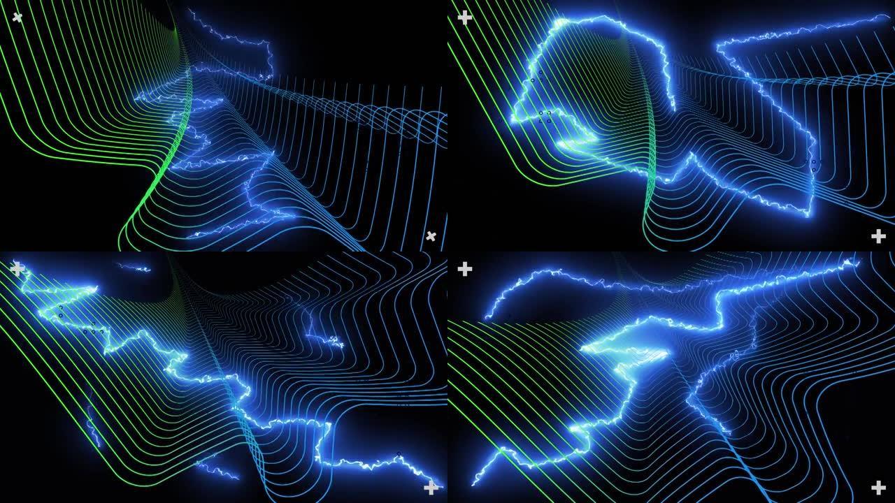 界面处理数据的动画，在平行曲线上发光电流，黑色