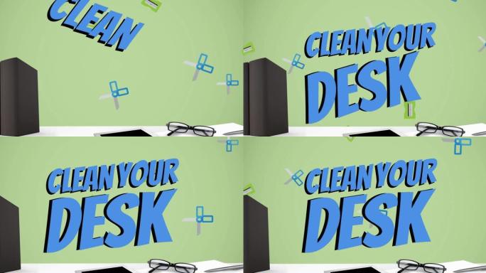 动画清洁您的书桌文字在电脑和办公室项目在绿色的背景