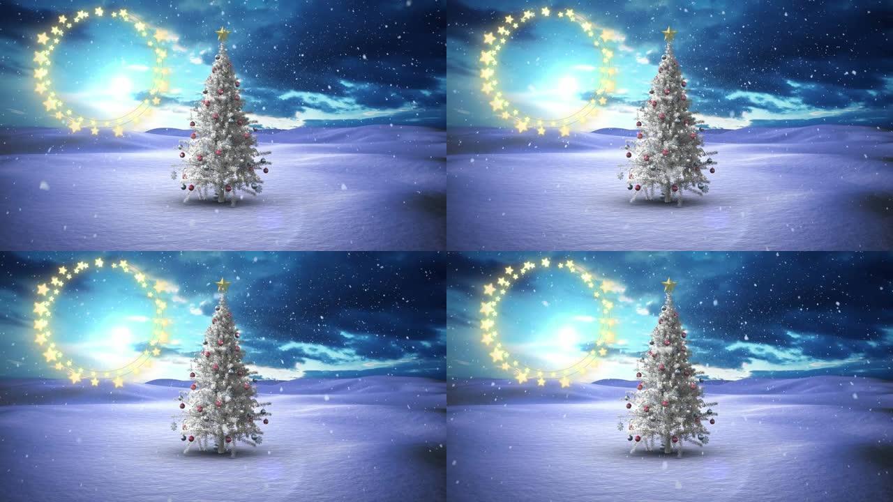 冬季景观上飘落在圣诞树上的雪花上的装饰性闪耀星光
