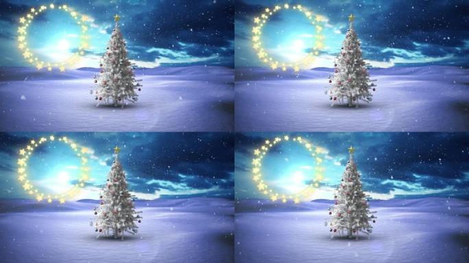 冬季景观上飘落在圣诞树上的雪花上的装饰性闪耀星光