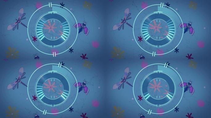 蓝色背景上带有昆虫和叶子的网络上的安全锁处理动画