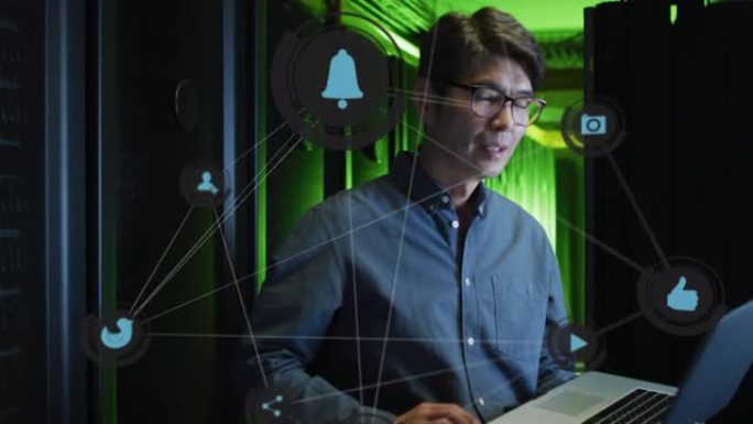 通过计算机服务器通过笔记本电脑实现亚洲男性it工程师的连接网络动画