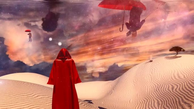 沙漠中站着一个穿红斗篷的身影