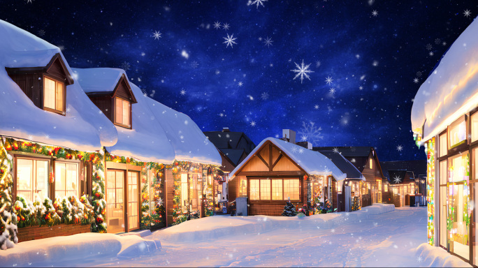 冬天童话小镇下雪的街道城镇唯美背景视频