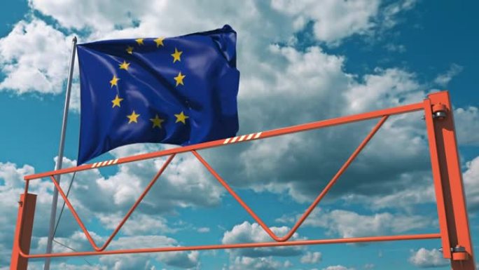 欧盟旗帜和挥臂屏障。禁止进入概念3d动画
