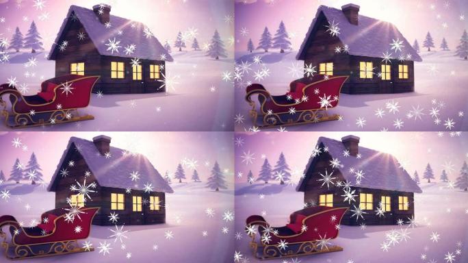 白色圣诞节雪花落在积雪覆盖的房屋，雪橇和风景上的动画