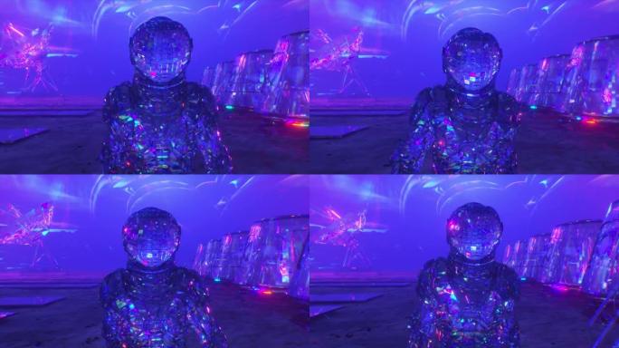 宇宙概念。一位钻石宇航员在太空基地的背景下穿越火星。蓝色。3d动画