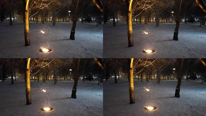 圣诞节前，城市公园降下大雪。夜光下的雪。
