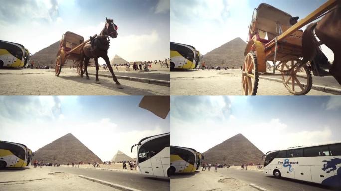 开罗吉萨大金字塔前的马车和游客巴士。古埃及遗产，联合国教科文组织