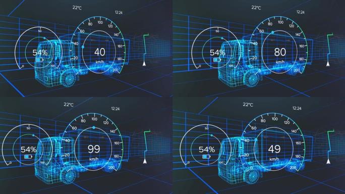 在黑色背景上移动的3d货车模型上的速度计和功率计的动画