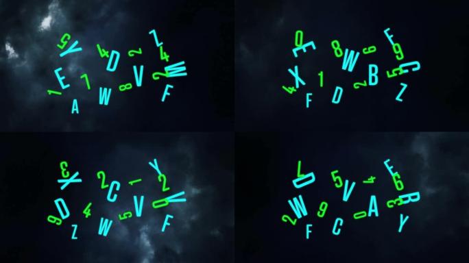 暴风雨天空上的数字和字母动画