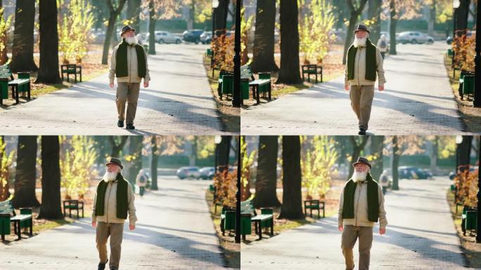 英俊的老人在深秋的时候在公园散步，他环顾四周，享受大自然，感到舒适和放松