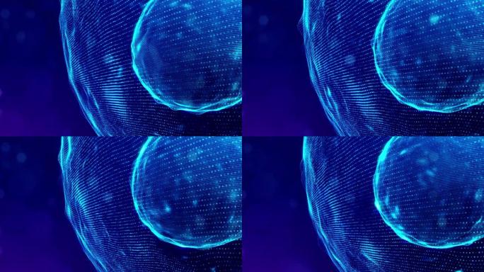3d循环bg科幻背景数字空间与全息图球体。带有辉光粒子的蓝色高科技领域在球形表面上形成线和波。高科技