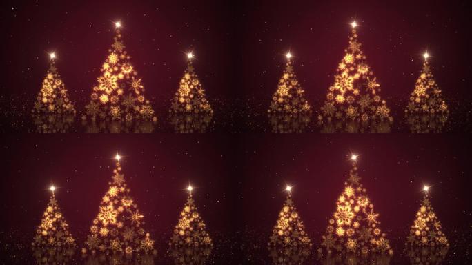 红色背景上旋转的雪花制成的圣诞树可循环动画