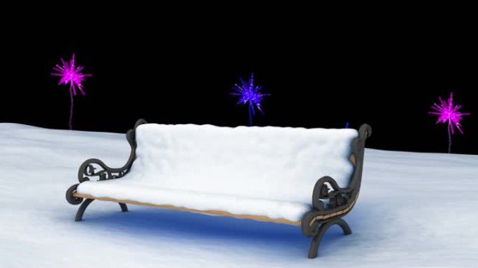 紫色和粉红色的圣诞节和新年烟花在白雪覆盖的长凳上的夜空中的动画