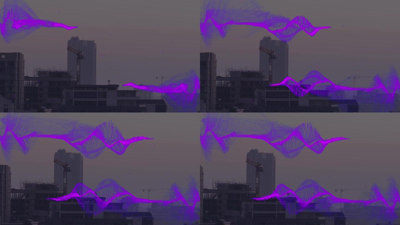 城市景观上的紫色波浪动画