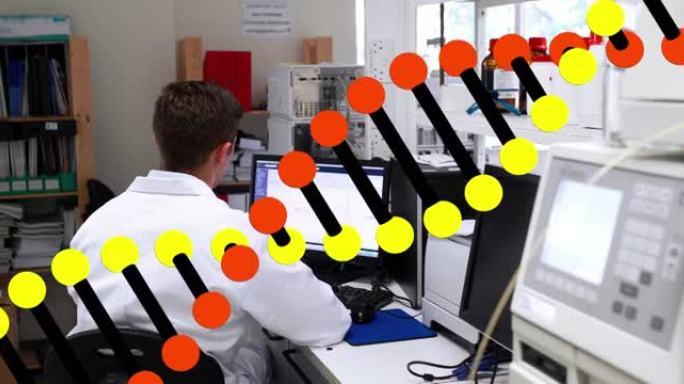 使用计算机在男性科学家上旋转的dna链动画