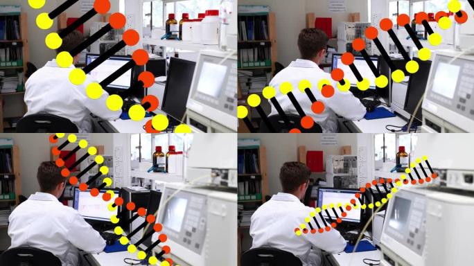 使用计算机在男性科学家上旋转的dna链动画