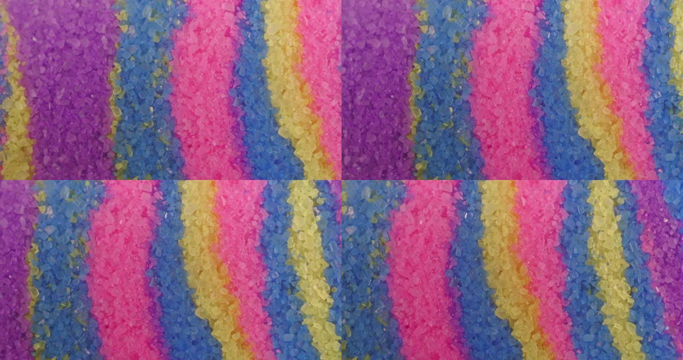 彩色沙子的宏观晶体。沙粒的纹理特写。