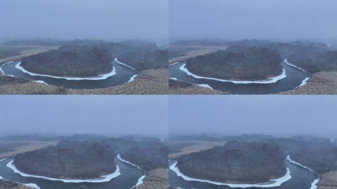 风雪红柳湿地河流环岛风景
