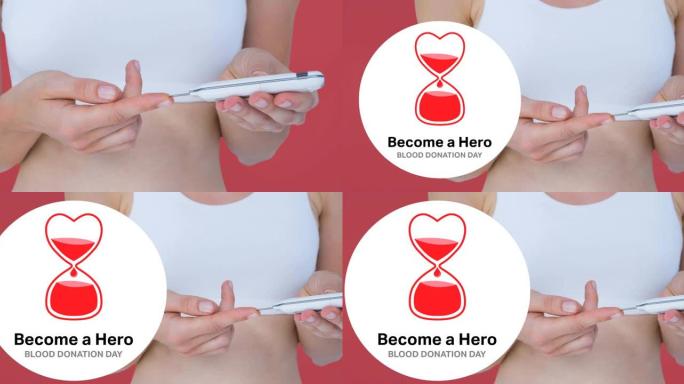 献血日的动画文字沙漏心的标志在妇女进行针刺血液测试