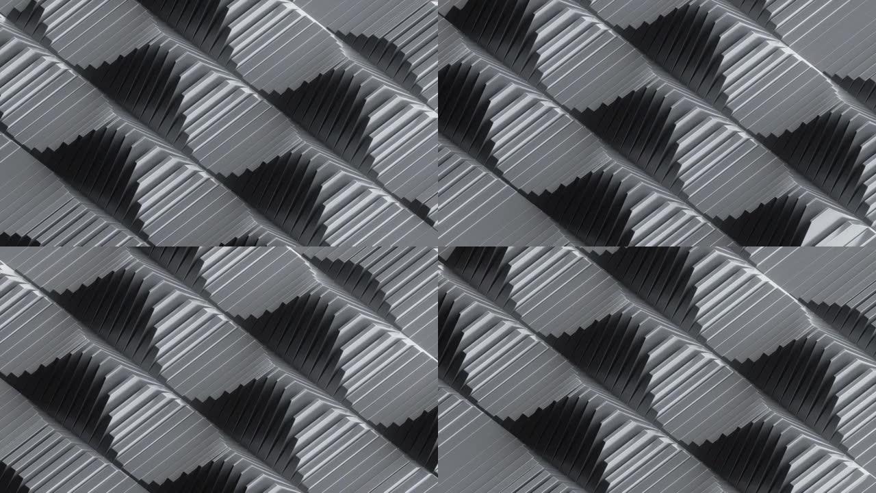 循环3d动画，具有几何纹理的抽象技术背景，具有扩展波的循环均衡器