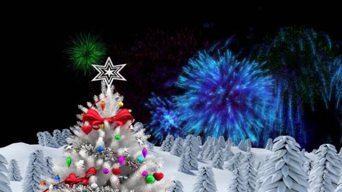 装饰白色圣诞树的动画，烟花在夜空中爆炸