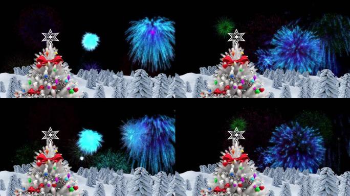 装饰白色圣诞树的动画，烟花在夜空中爆炸