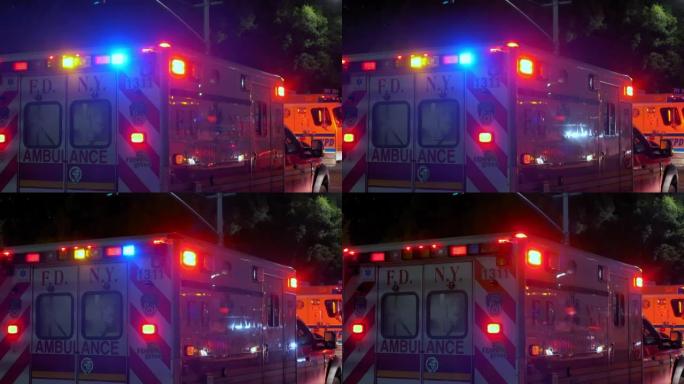 救护车灯闪烁着附近的警车警笛声。特写视图