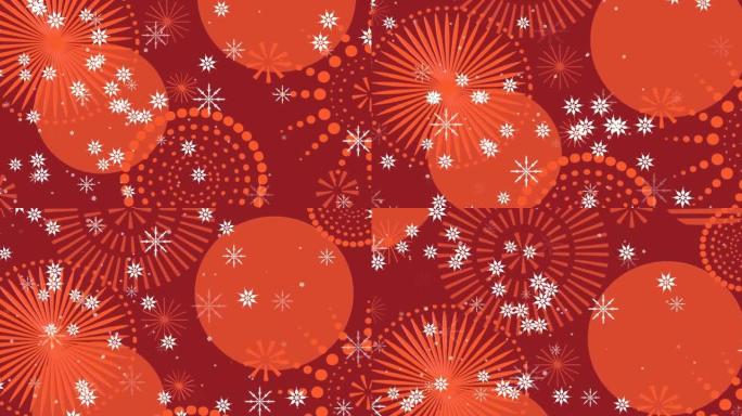 黑色红色背景上的红色新年烟花上的圣诞雪花动画