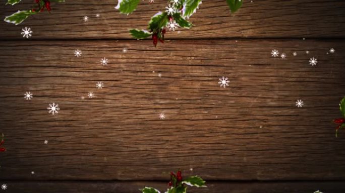 圣诞节时雪花落在树叶和木制背景上的动画