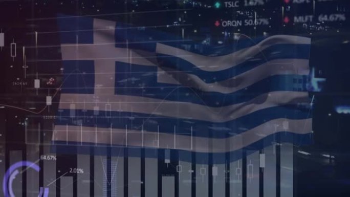 黑色背景上的希腊国旗上的数据处理和图形动画