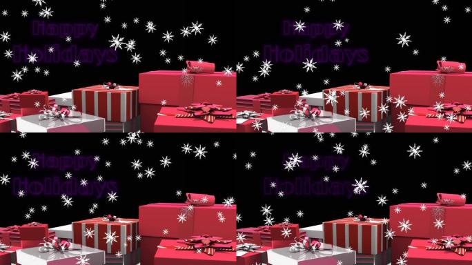 圣诞节在黑色背景上飘雪和礼物上的节日快乐动画