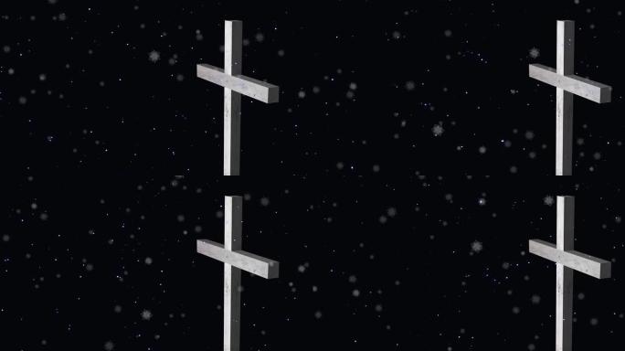 黑色背景上的雪落在白色十字架上的动画