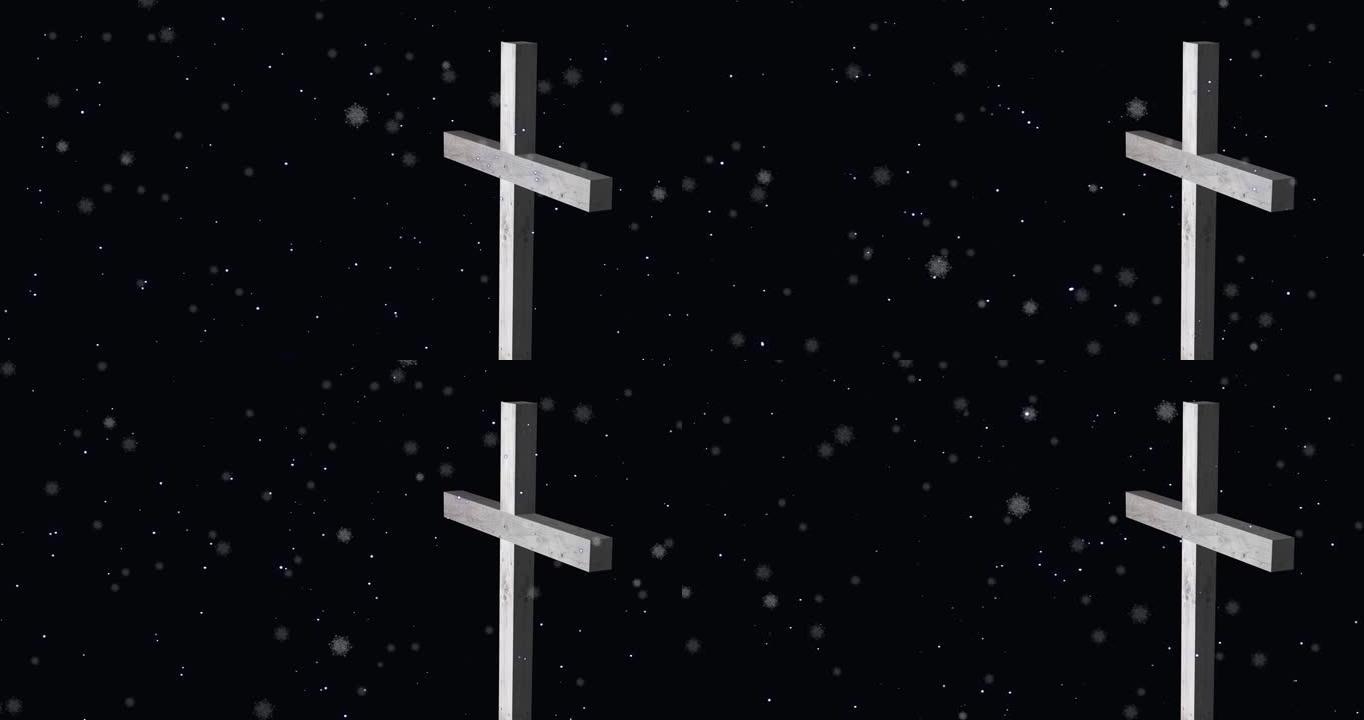 黑色背景上的雪落在白色十字架上的动画
