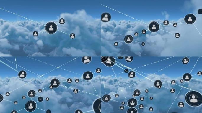 云和蓝色背景上的人物图标连接网络动画