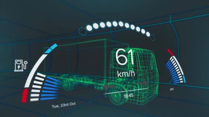 车辆接口上的速度计，gps和充电状态数据的动画，通过3d卡车模型