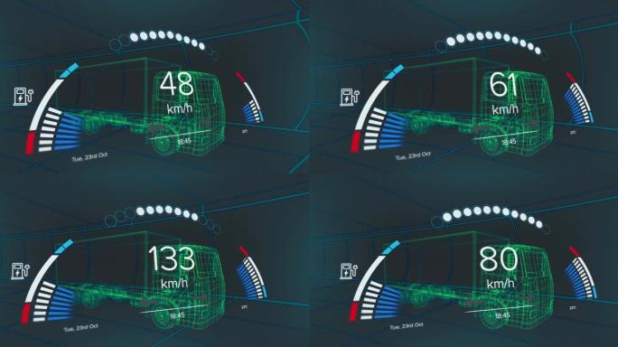 车辆接口上的速度计，gps和充电状态数据的动画，通过3d卡车模型