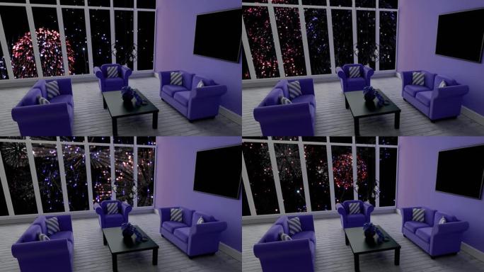 圣诞节和新年烟花夜空窗外的现代室内动画